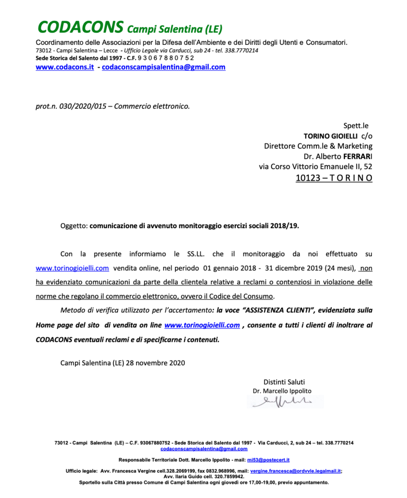 verifica codacons torinogioielli