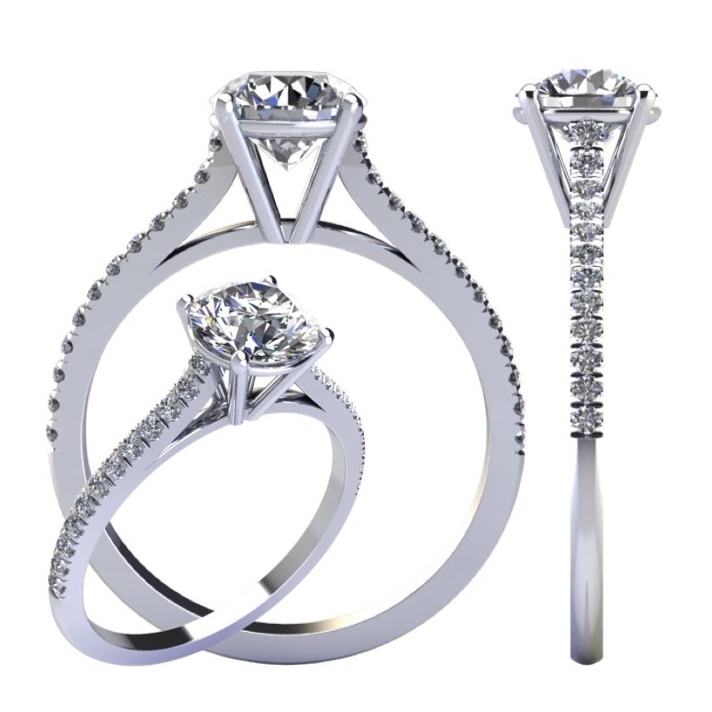 incassatura dei diamanti in anello in oro bianco a 4 griffe con diamanti sul gambo.