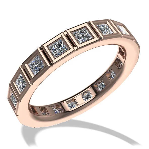Fedina in oro rosa 18 carati con diamanti taglio princess incastonati a binario lungo tutto il giro, gioiello raffinato e moderno di TorinoGioielli