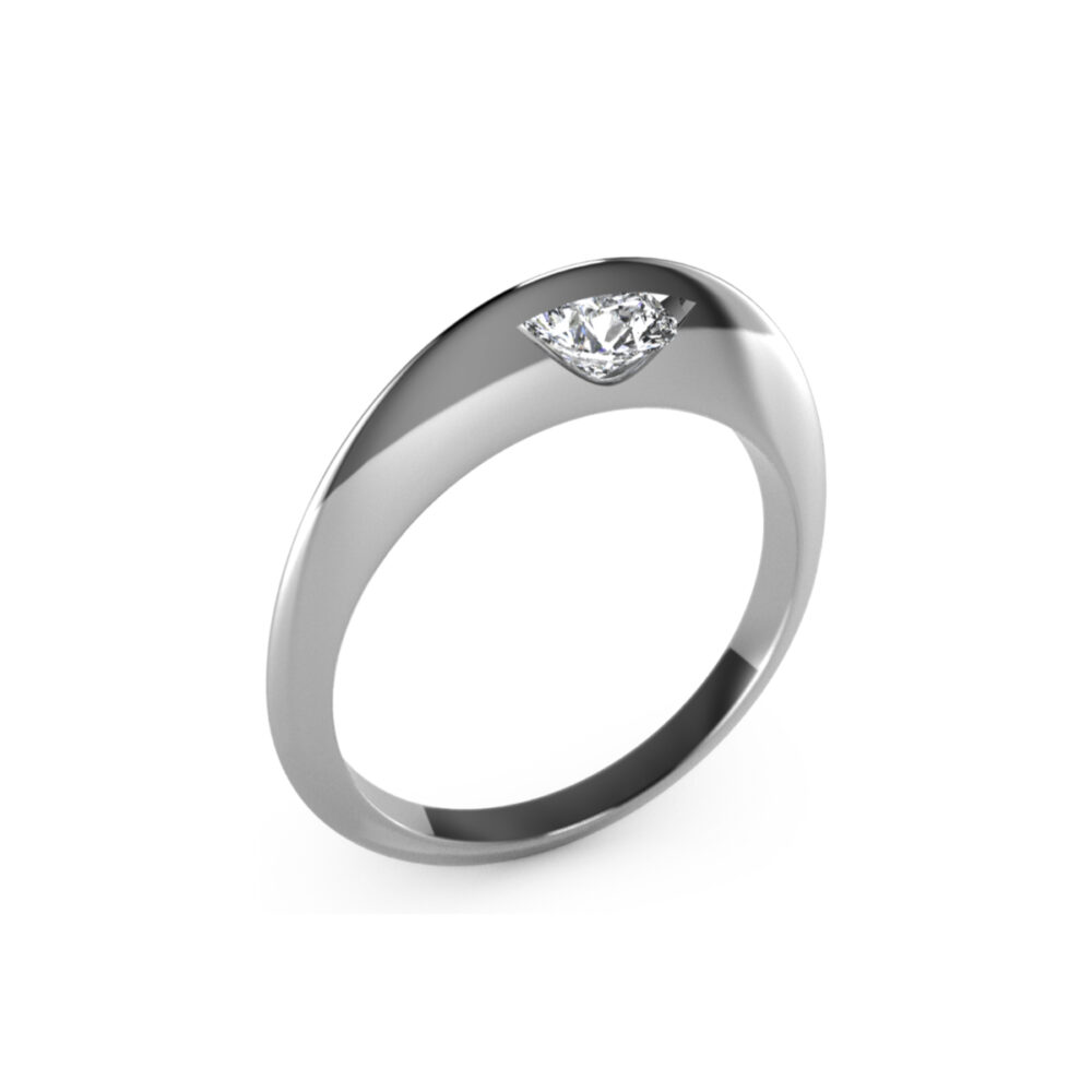 Anello in oro bianco modello Giroluce con diamante brillante incastonato a filo che ruota su se stesso nella fascia, per un effetto luminosissimo.