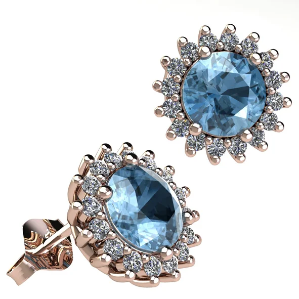 Orecchini a lobo in oro rosa 18 carati con topazio azzurro centrale e contorno di diamanti bianchi, design floreale di alta gioielleria artigianale TorinoGioielli
