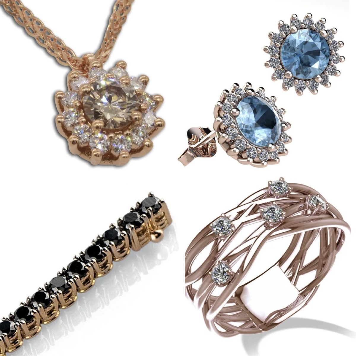 Collezione di gioielli in oro rosa composta da collana in oro rosa con diamanti, orecchini in oro rosa con topazio azzurro, anello in oro rosa moderno intrecciato con diamanti e bracciale tennis in oro rosa con diamanti neri – alta gioielleria artigianale TorinoGioielli