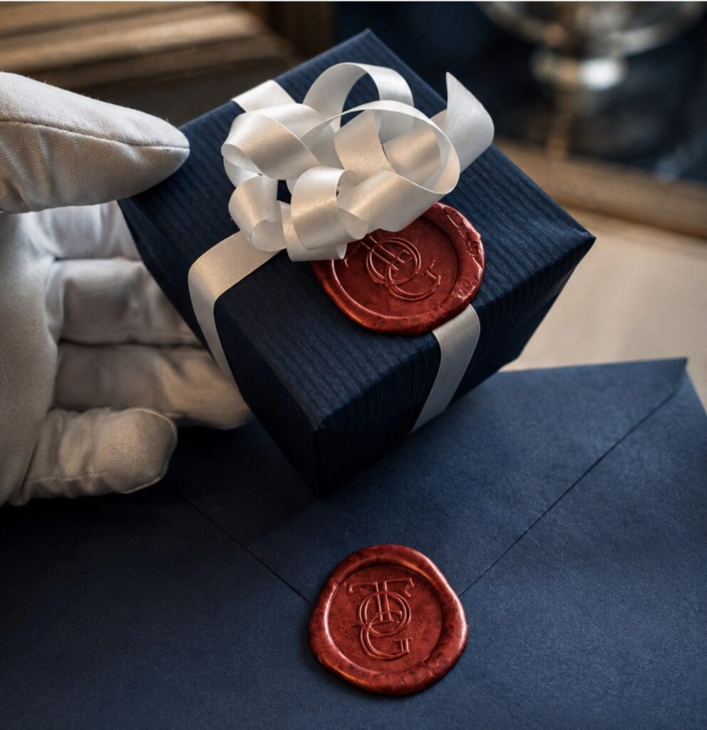 Confezione regalo Torinogioielli con sigillo in ceralacca Confezione blu Torinogioielli con nastro chiaro e sigillo in ceralacca, accanto alla busta coordinata del certificato.