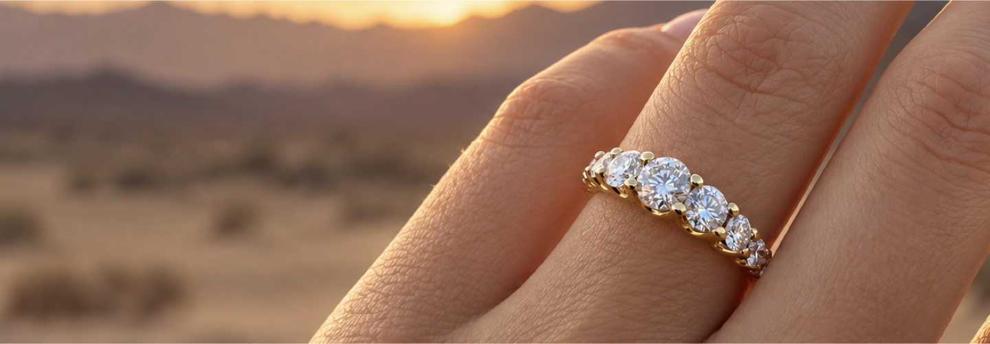 Mezza veretta in oro giallo con diamanti a scalare Torinogioielli, indossata al dito al tramonto. Mezza veretta in oro giallo con diamanti a scalare Torinogioielli, indossata al dito al tramonto.