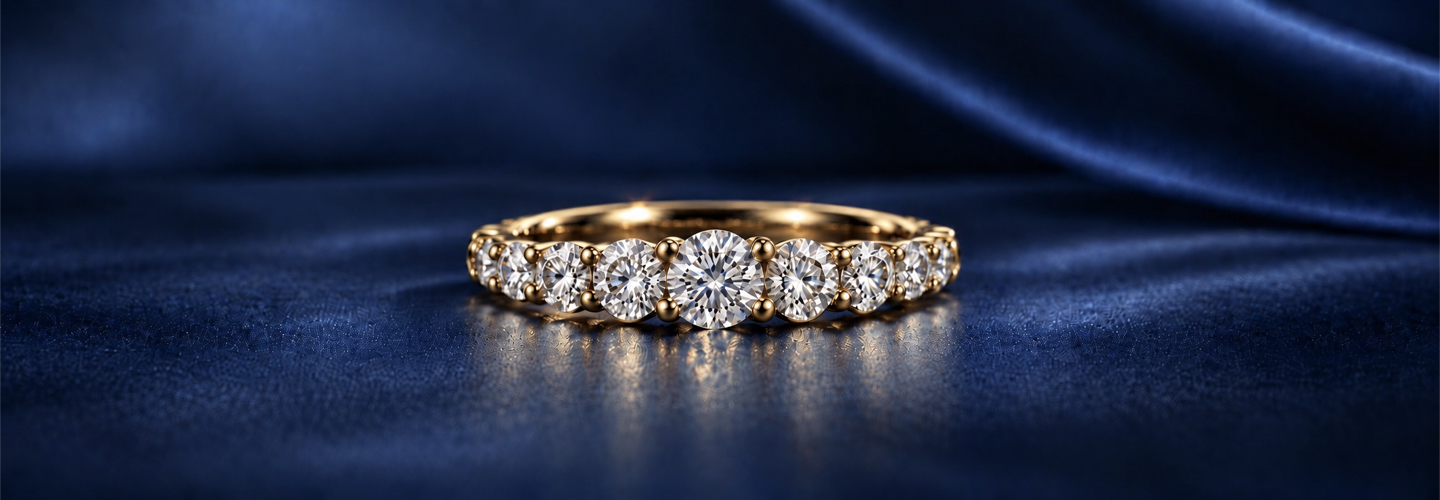 Fedina di fidanzamento in oro giallo 18 carati con diamanti naturali a scalare Fedina di fidanzamento in oro giallo 18 carati con diamanti naturali a scalare
