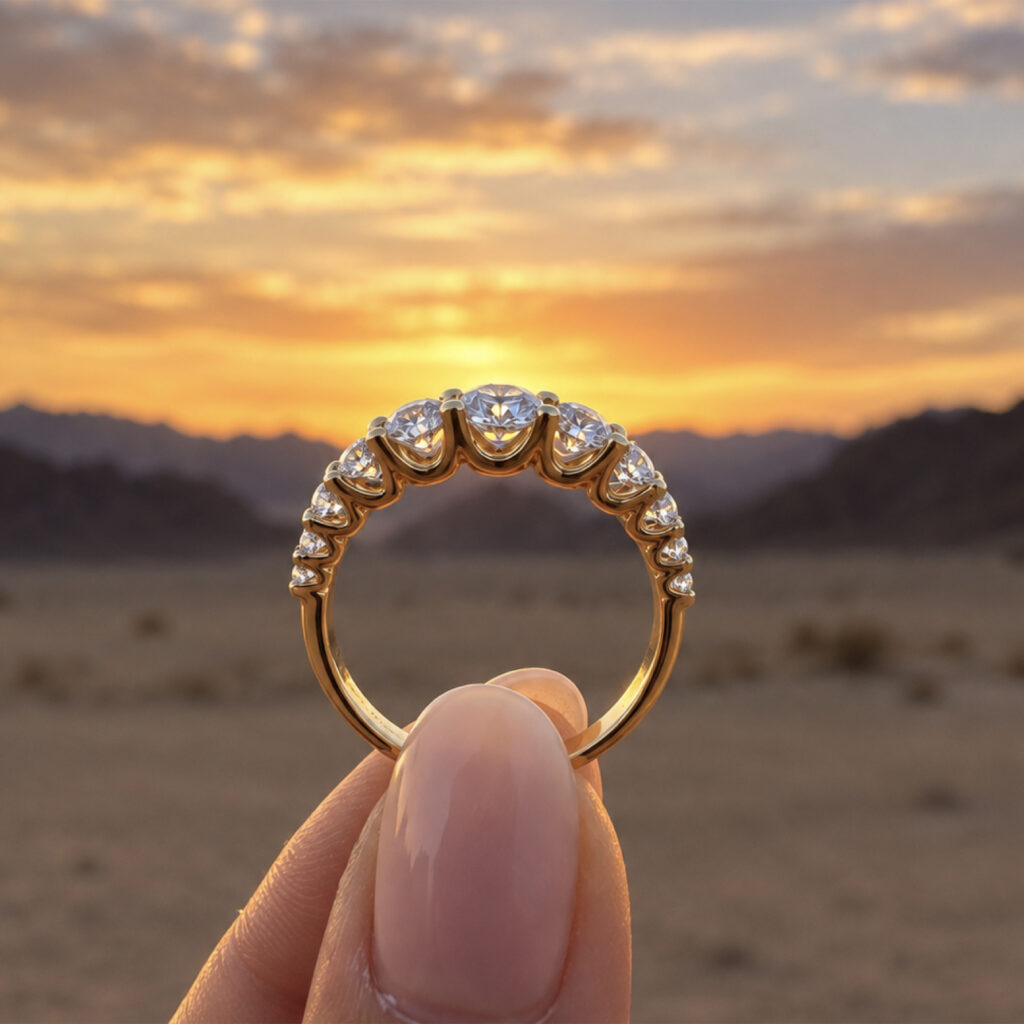 Montatura mezza veretta a scalare in oro giallo con diamanti naturali vista di profilo Montatura mezza veretta a scalare in oro giallo con diamanti naturali vista di profilo