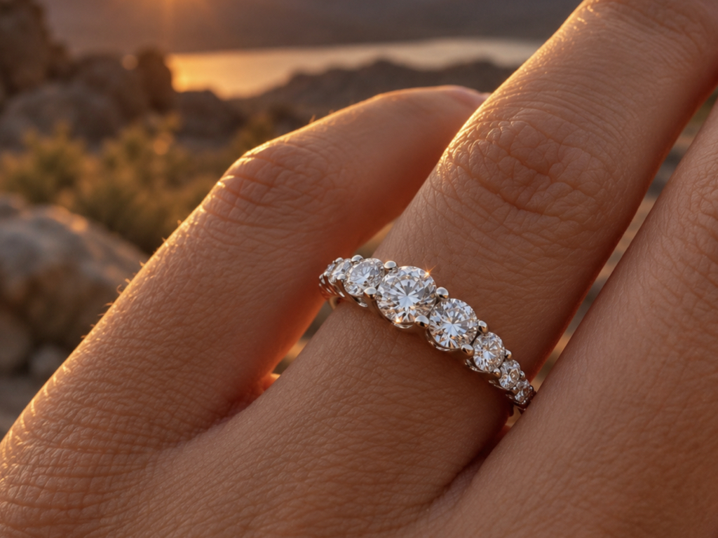 Mezza veretta con diamanti a scalare in oro bianco 18 carati indossata. Mezza veretta con diamanti a scalare in oro bianco 18 carati indossata.