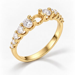 Montatura della mezza veretta in oro giallo 18 carati con diamanti laterali a scalare e castone centrale vuoto per scegliere il diamante.